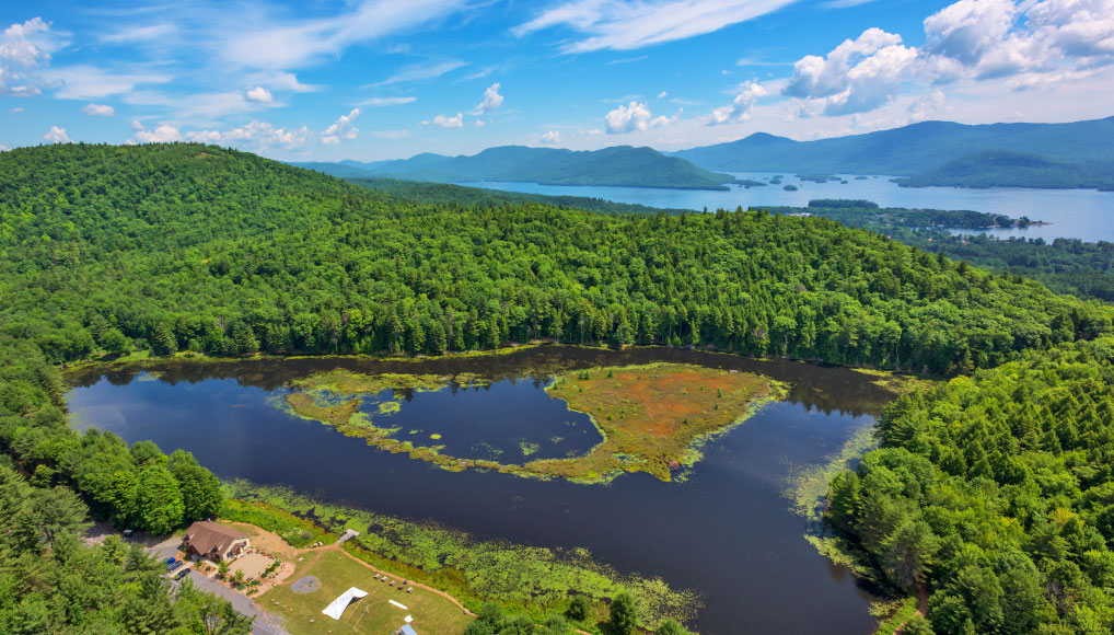Aerial view of a lake surrounded by lush green trees. The lake is blue and has some moss on the edges. In the background you can see mountains and a portion of Lake George.
