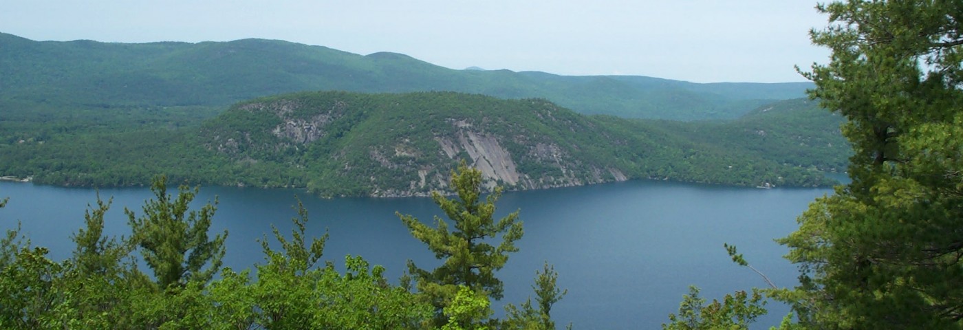 Bird’s-eye view of Lake George, a pristine freshwater lake in the Adirondack region of New York state from Anthony's Nose