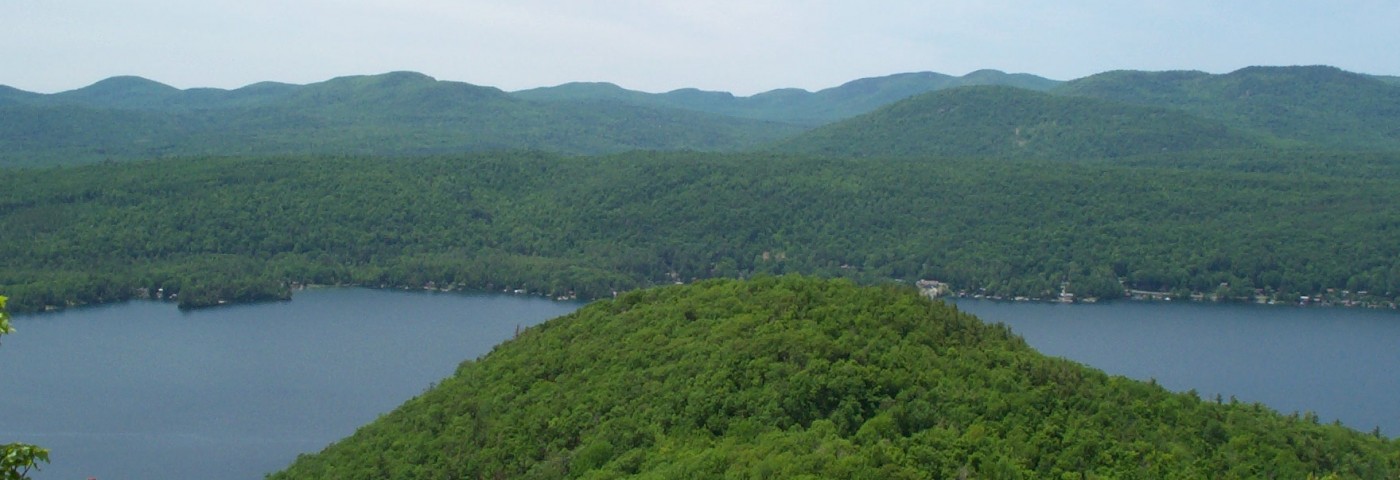 Bird’s-eye view of Lake George, a pristine freshwater lake in the Adirondack region of New York state from Anthony's Nose