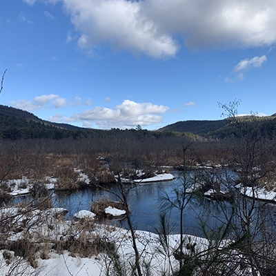 View of Indian Brook uplands during the winter time. You can see bare trees and snow on the ground. It iwas warm enough that the water has not frozen over.