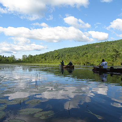 People kayaking on a lake with a bright green mountain in the background on a sunny day