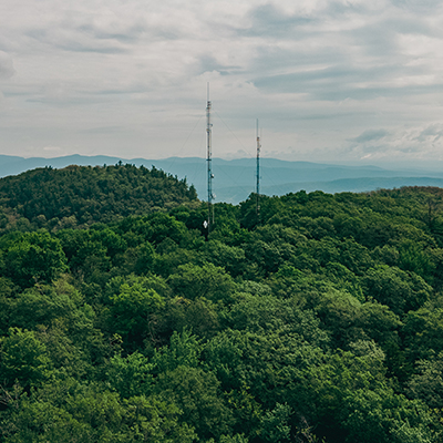 Two phone towers in the middle of a dense green forest. There are mountains in the background.