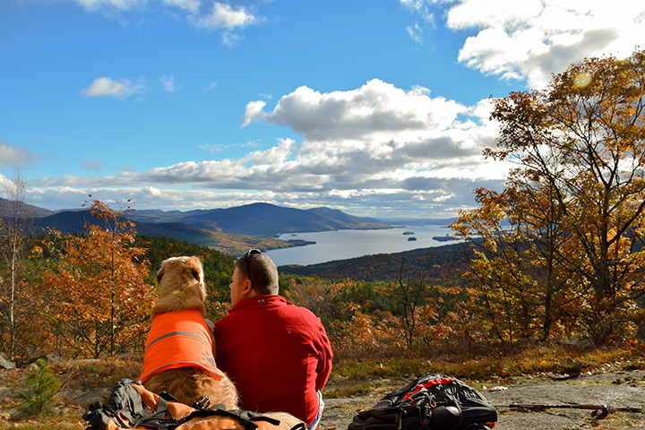 A man sits with his dog looking over Lake George during the Autumn time.