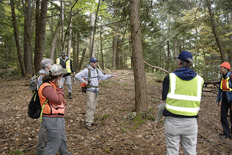 A group of people wearing reflective safety gear are talking and surrounded by green trees.