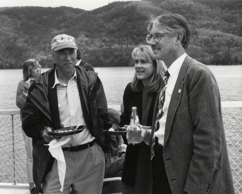 Tim Barnett, Shauna DeSantis, and Mark Johnson on a cruise in 1997 celebrating the protection of the 300-acre Northeast Shoreline property.