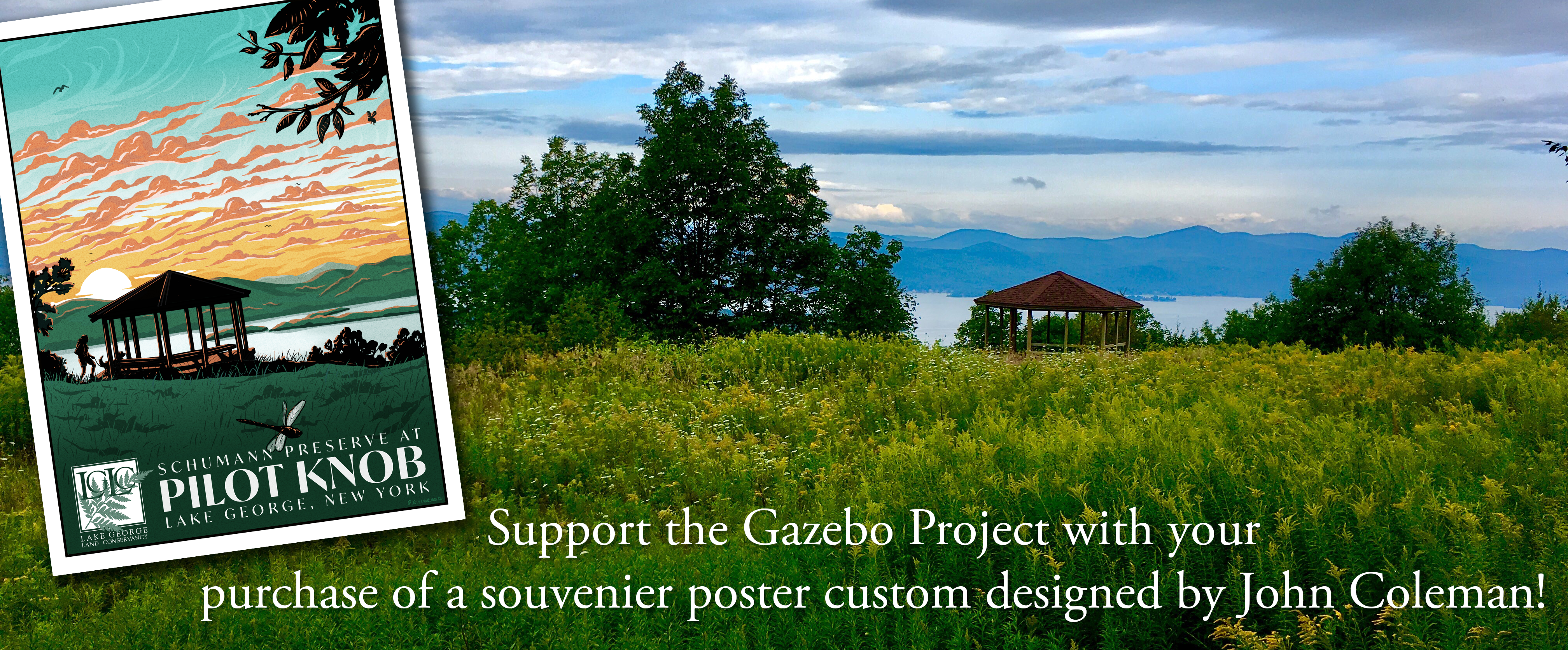 "Get a souvenir poster custom designed by John Coleman!" Graphic poster of the gazebo overlays a photograph of a field of flowering goldenrod, the brown peaked roof of a small gazebo visible above the flowers. Taller trees stand beyond the field, and a lake can be seen in the distance.