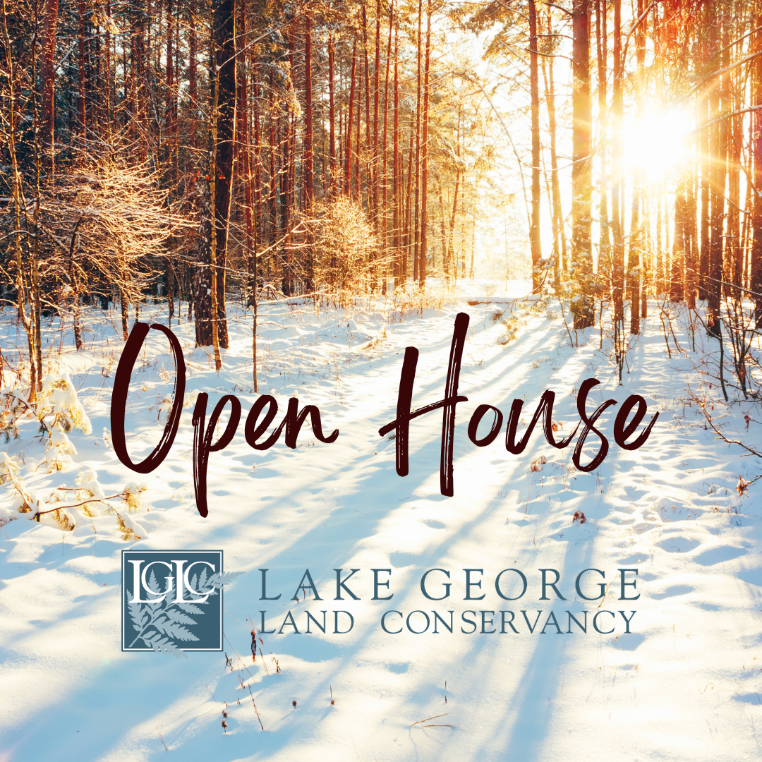 A winter scene of snow in a forest. Text: Open House Lake George Land Conservancy